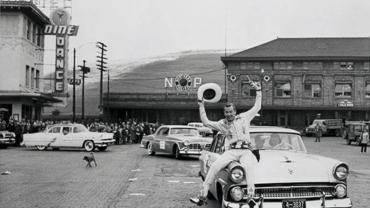 Cast of Timberjack on parade in downtown Missoula, 1954